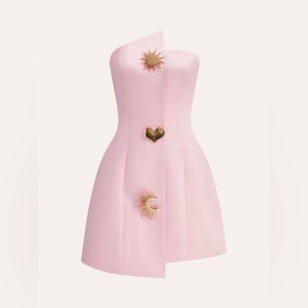 Nwt Commense pink Satin Asymmetrical Embellished Strapless Dress Barbiecore‎ - Picture 4 of 14